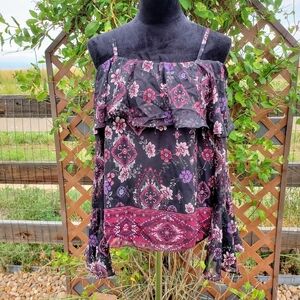 BCX Black Purple Pink Floral Flowy Boho Off Shoulder Blouse Size Large EUC